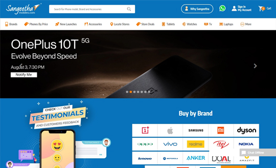 The Sangeetha Mobiles webstore, browsing phones by brand and price
