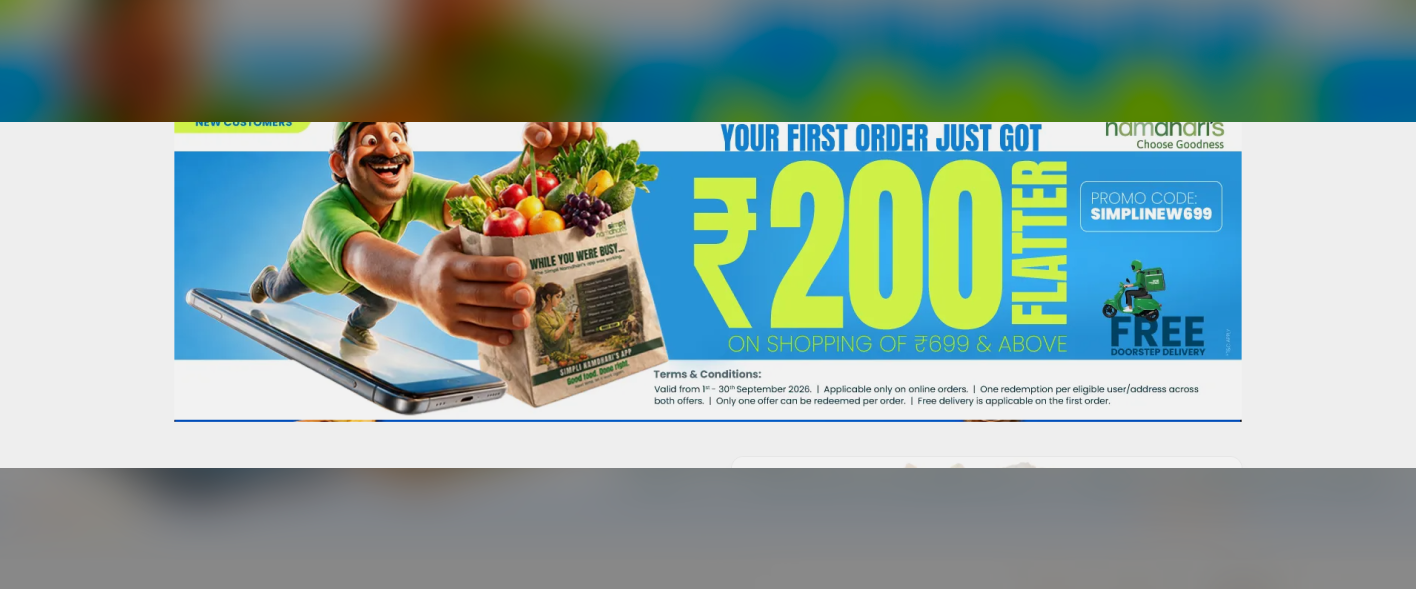 A Simpli Namdhari's first-order promo — ₹200 off orders of ₹699+, with free doorstep delivery