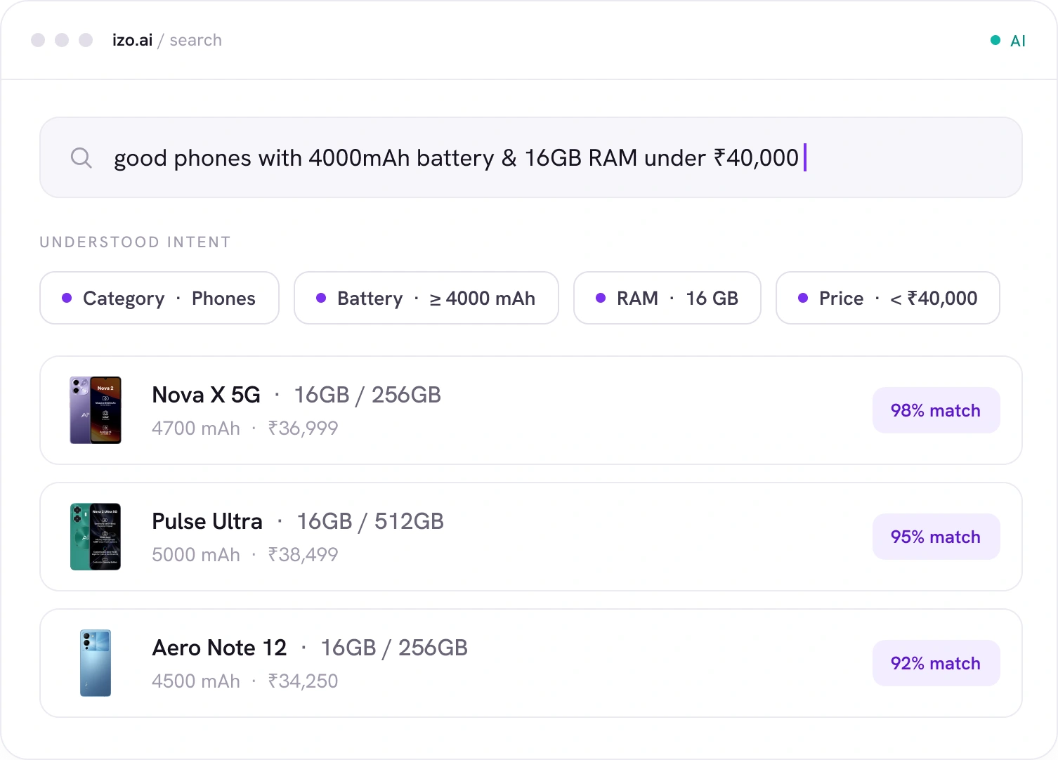The Izo.AI search console showing a natural-language query with ranked product results
