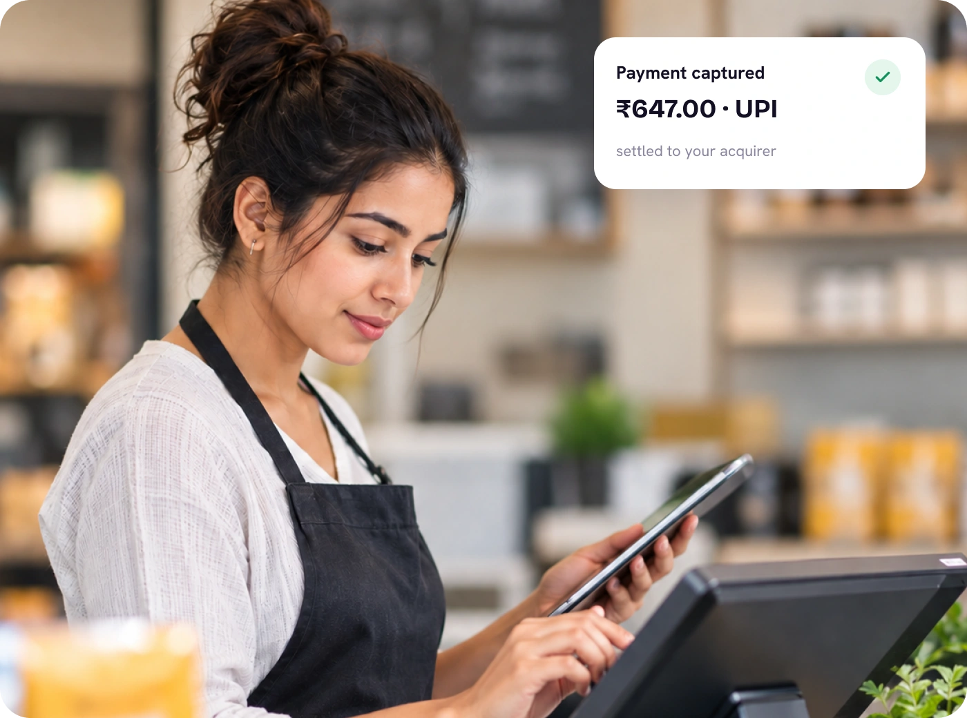 A cashier checking an order on a tablet at the counter, with the till showing a captured payment
