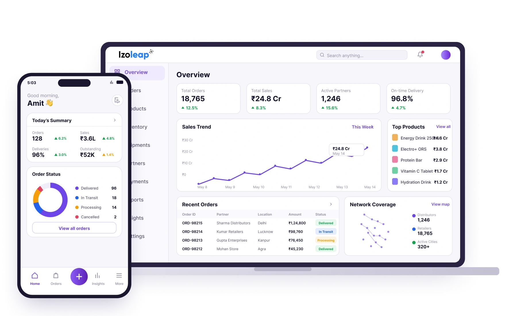 One Platform. Every Channel. Every Order., the Izoleap B2B admin dashboard, showing orders, sales, active partners and on-time delivery alongside the mobile app’s own order summary.