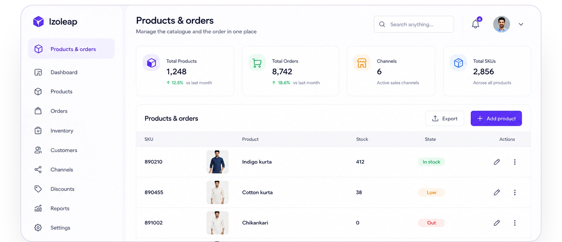 Izoleap catalogue and order management screen