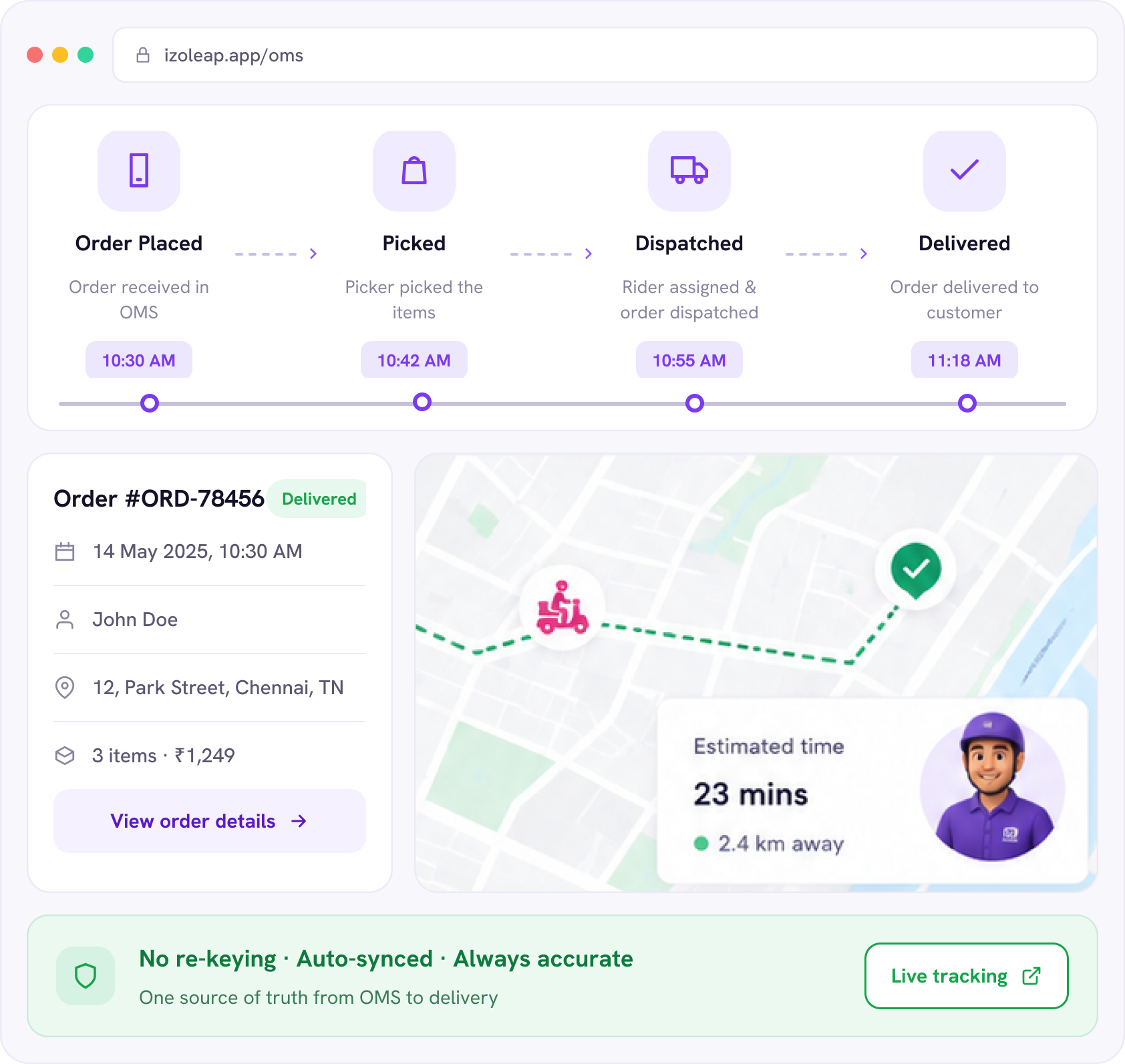 Izoleap delivery and fulfilment screen with live order tracking