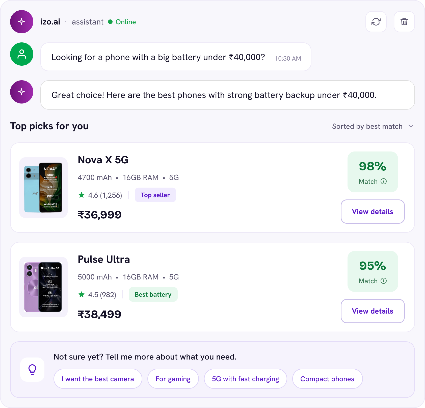 Izoleap conversational commerce, Izo.AI assistant answering shopper questions in chat