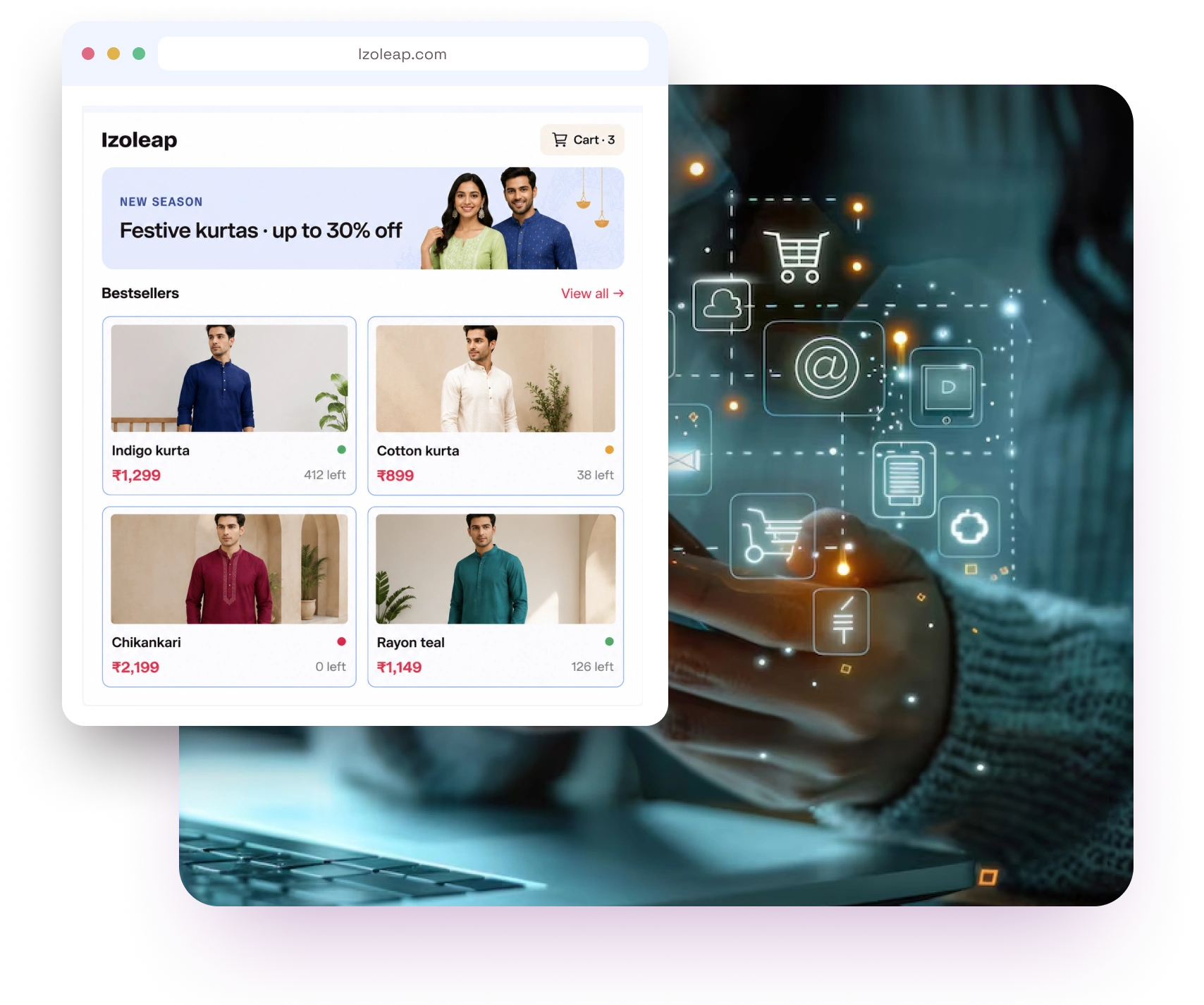 A branded Izoleap storefront in a browser window, over a photograph of a hand at a laptop surrounded by icons for the channels an order can arrive from