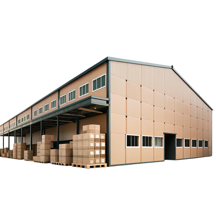 A distribution warehouse with palletised stock and a forklift at the loading bay