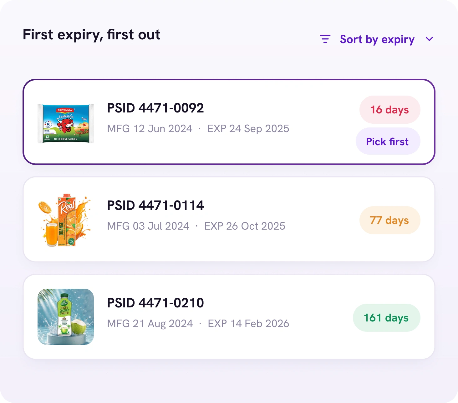 A "First expiry, first out" list of three PSIDs sorted by expiry, each with its manufacturing and expiry dates and days remaining, the soonest flagged "Pick first"
