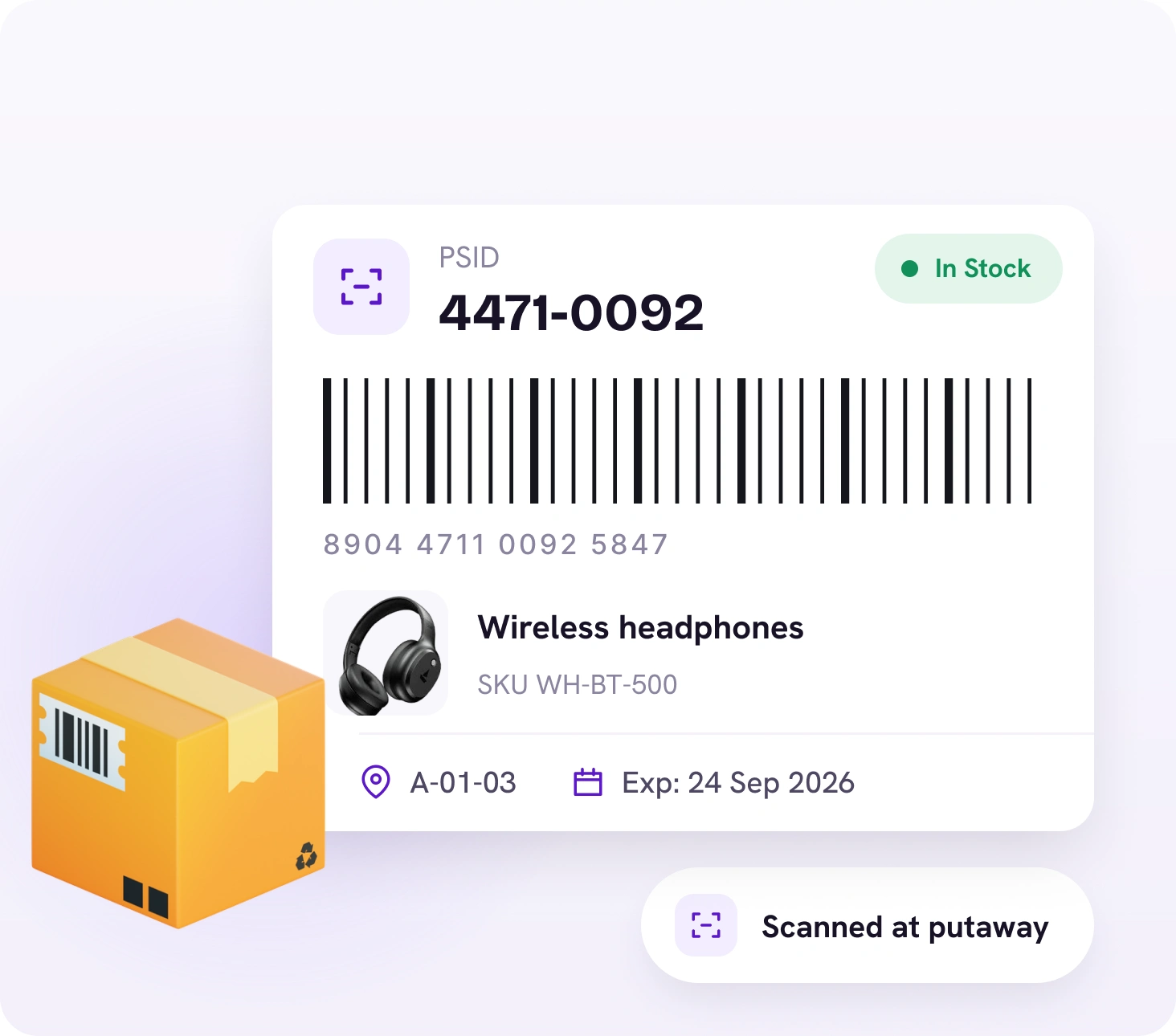 A PSID label 4471-0092 for a pair of wireless headphones, with its barcode, bin A-01-03, expiry date and an "In Stock" status, over a box the unit shipped in