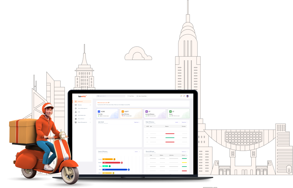 Illustration of delivery riders, courier partners and an admin portal working as one system