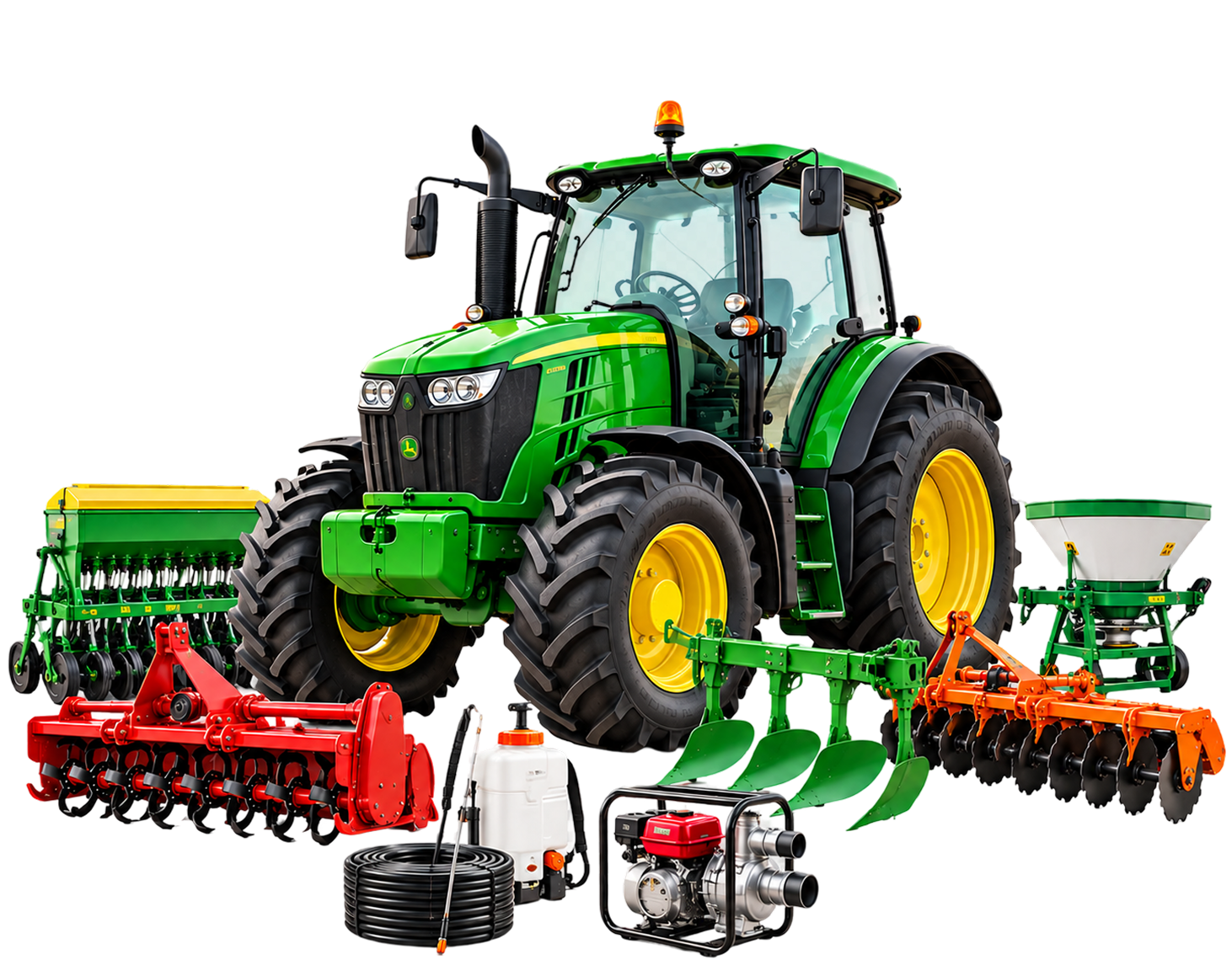 A green tractor surrounded by seven implements (seed drill, rotavator, plough, sprayer, water pump, spreader and disc harrow), illustrating the range of agricultural equipment served by the platform