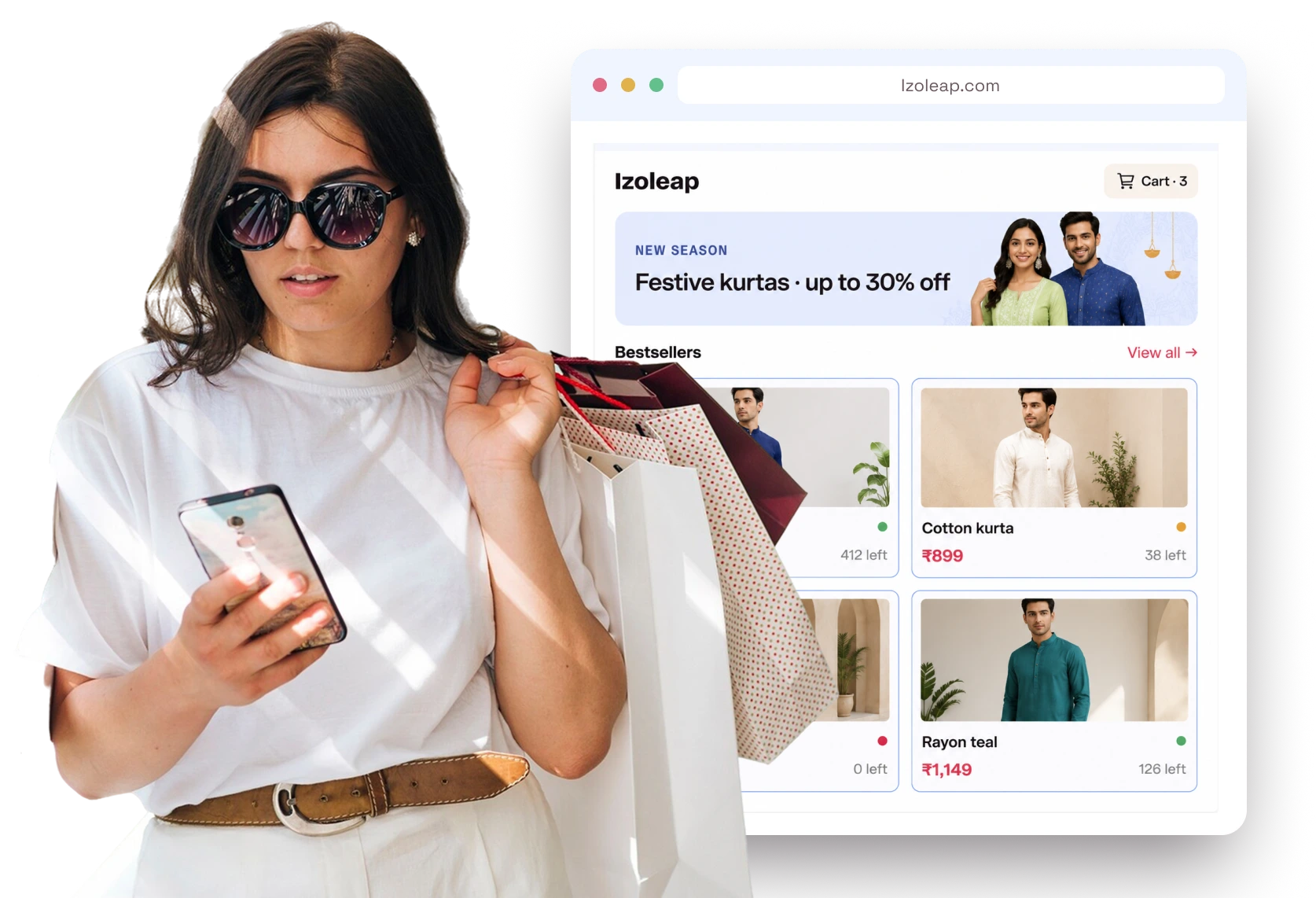 A shopper with shopping bags looking at her phone beside an Izoleap.com storefront mockup on a browser window