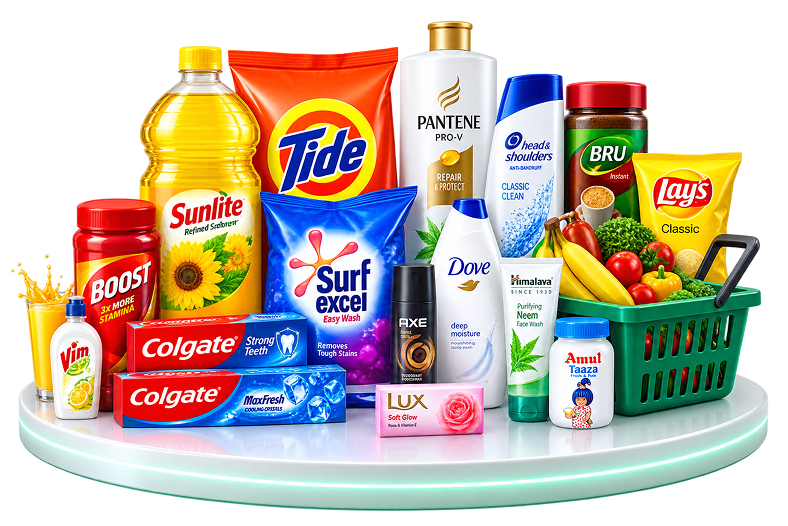 A spread of FMCG products on a lit pedestal, shampoos, detergents, oils, toothpaste, snacks, and a basket of fresh produce