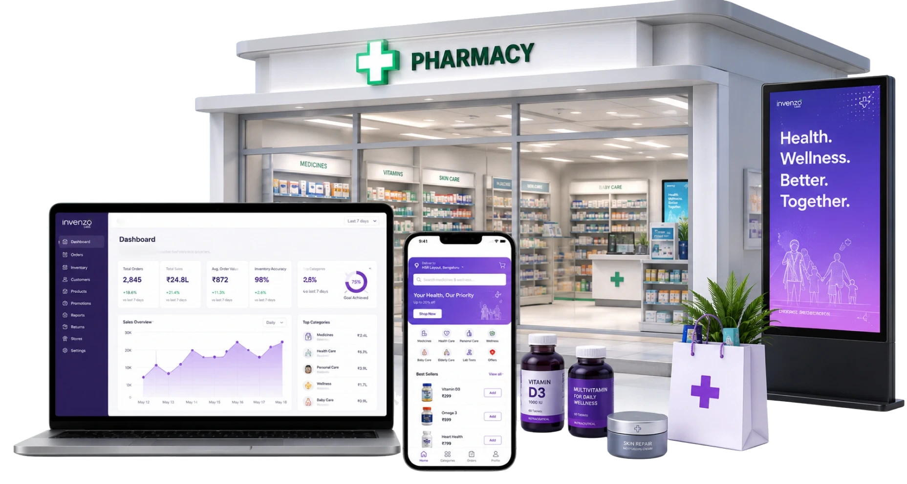 A pharmacist at a counter of medicines beside a phone showing a delivery order