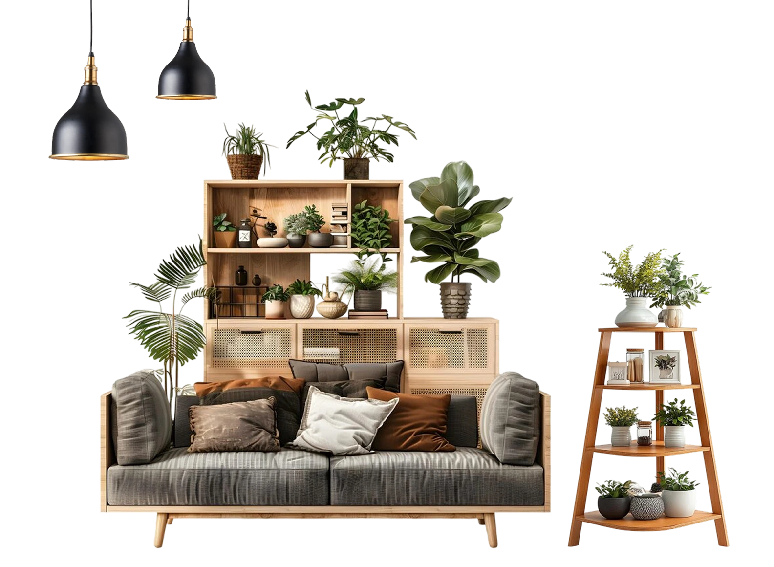 A living-room styling scene: a shelving unit with plants, a sofa with cushions, pendant lamps overhead and a plant stand on the side
