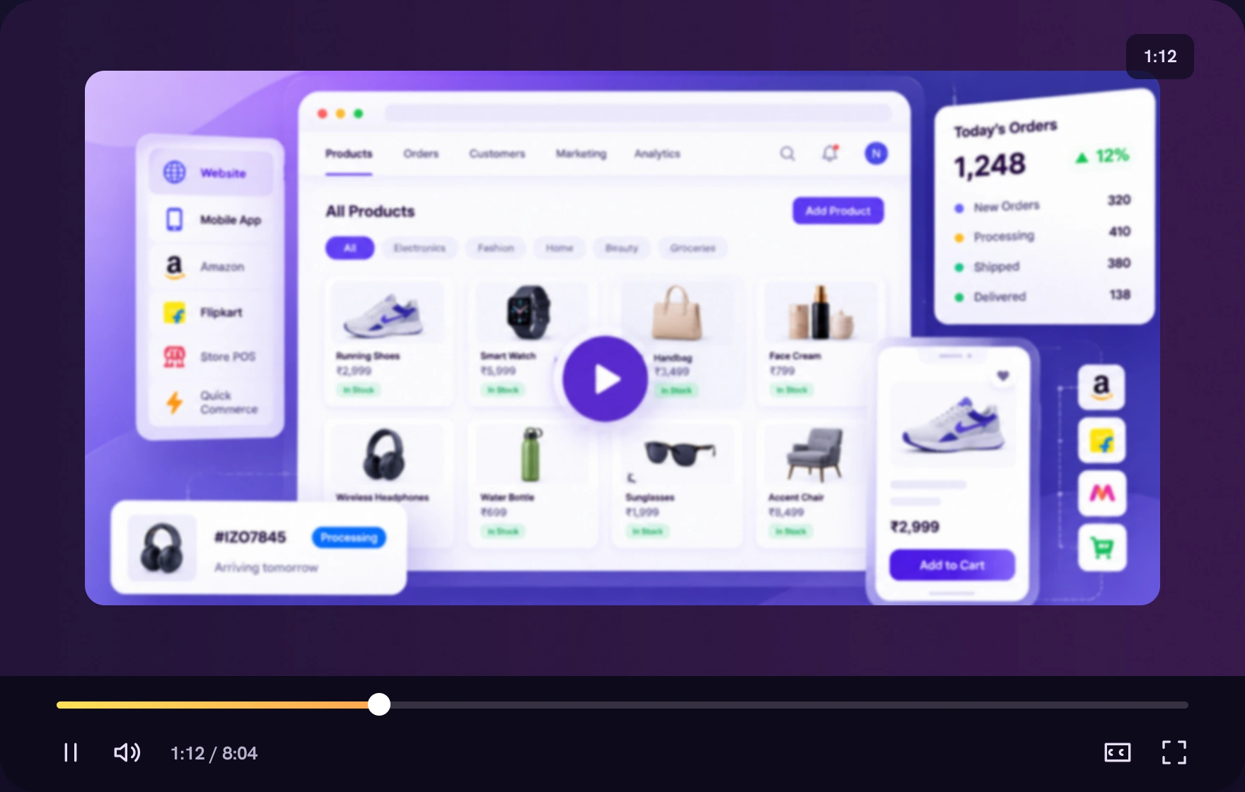 Paused video player showing the Izoleap product tour: one product catalogue selling across website, mobile app, Amazon, Flipkart, store POS and quick commerce, on sample data.